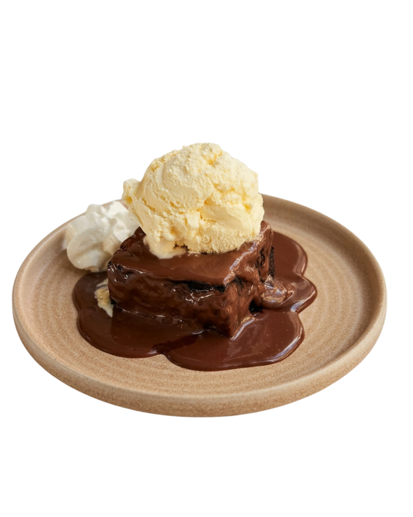 Brownie de chocolate con helado y chocolate Valor.