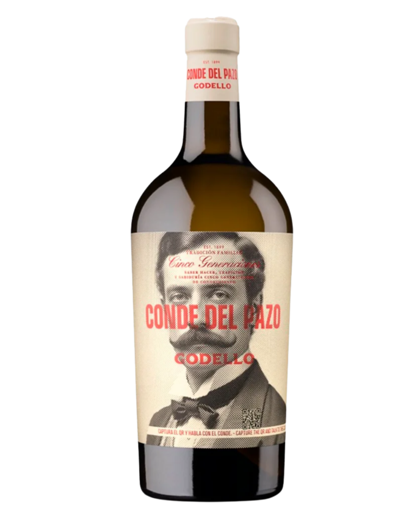 Botella de vino Conde del Pazo Godello.