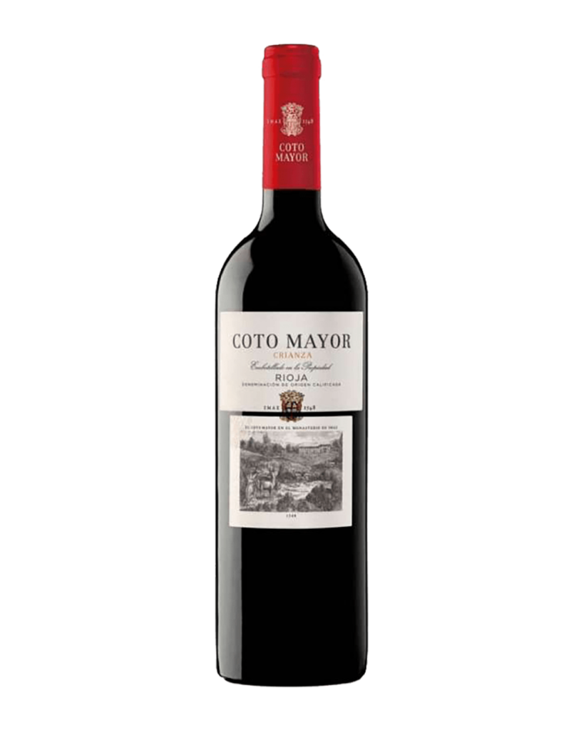 Botella de vino Coto Mayor Crianza Rioja.