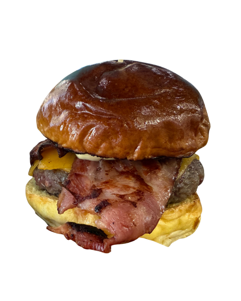 Hamburguesa La Texas con carne de chuletón de buey madurado, pulled pork, costillas, doble cheddar y fundido de cheddar.