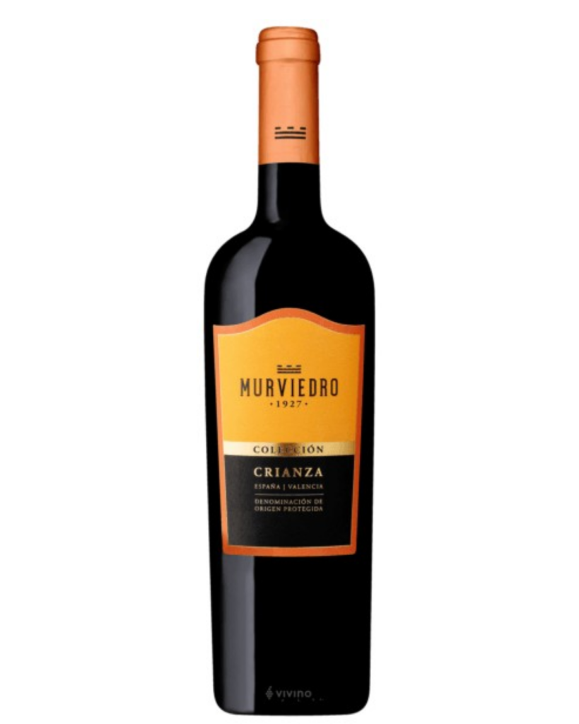Botella de vino tinto Murviedro Colección Crianza, de la denominación de origen Valencia.