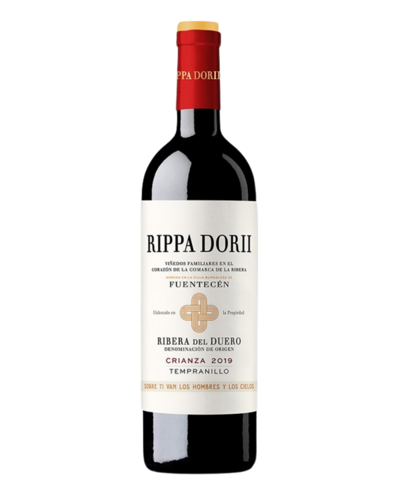 Botella de vino tinto Ribera del Duero Rippa Dorii Crianza 2019, de la denominación de origen Ribera del Duero.