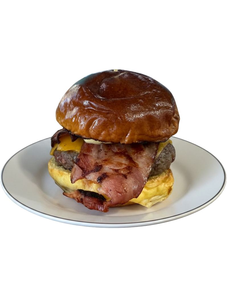 Hamburguesa La Texas con carne de chuletón de buey madurado, pulled pork de carrillada y costillas, doble cheddar y fundido de cheddar.